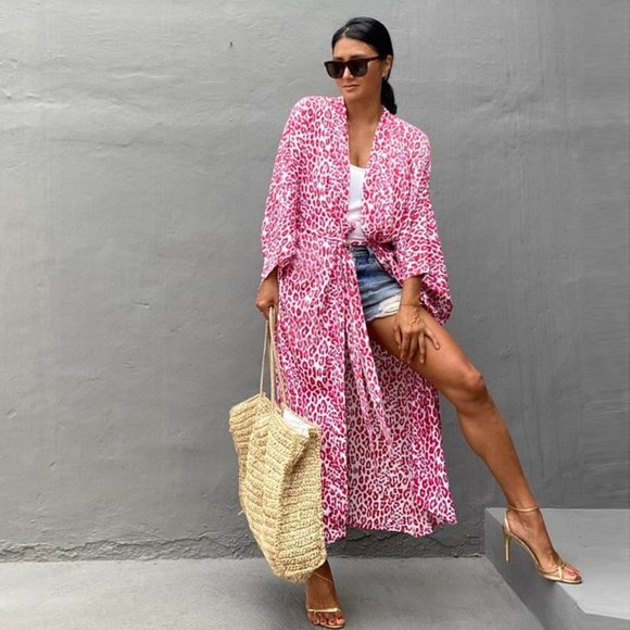 Dresses & Skirts - Leopard print polka dot print floor-length thin trench coat belt coat